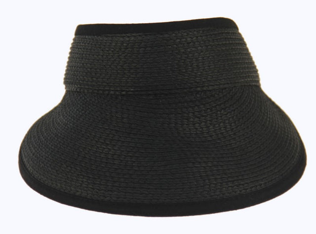 Black fabric trimmed visor with elastic back, perfect for sun protection and stylish outdoor wear.