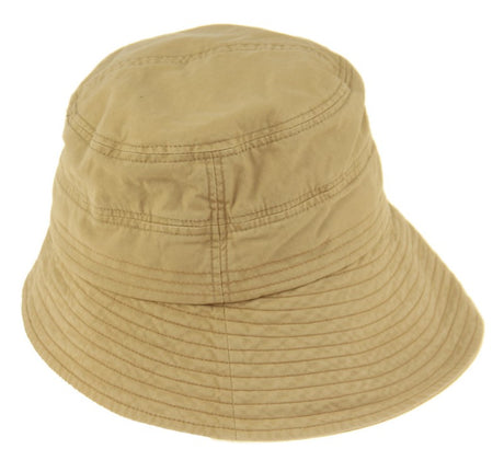Camel cloche bucket hat made of 100% cotton, featuring a detachable chin strap and adjustable fit for sunny day outings.