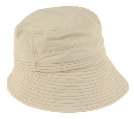 Natural cotton cloche bucket hat with wide brims, detachable chin strap, and adjustable velcro for a comfortable fit.