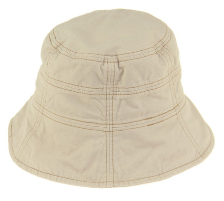 Natural cotton bucket hat with a 7cm brim, detachable chin strap, and velcro adjustment for a snug fit. Ideal for outdoor activities.