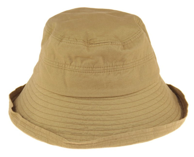 Camel bucket hat with 10cm extendable brim, detachable chin strap, and adjustable Velcro for ultimate sun protection.