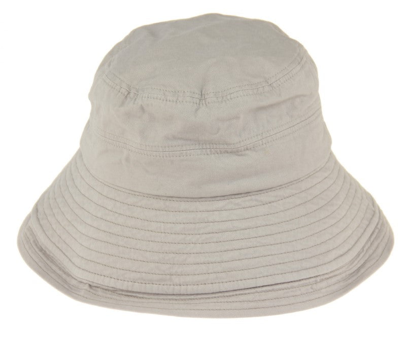 Grey Extendable Brim Edge Bucket Hat with adjustable fit, detachable chin strap, and UV protection for outdoor adventures.