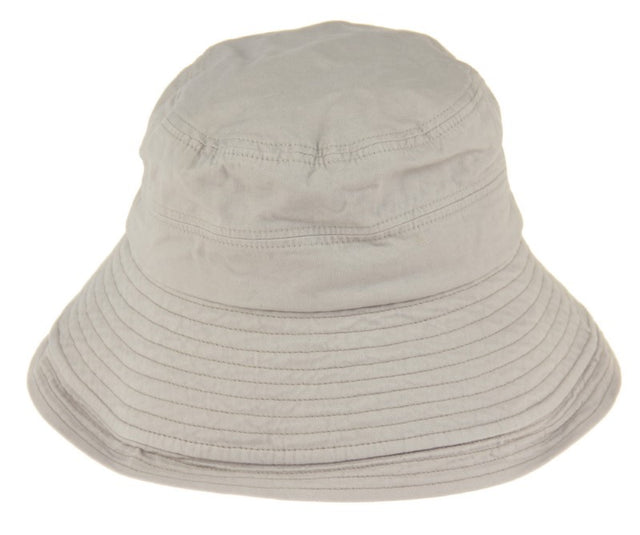 Grey Extendable Brim Edge Bucket Hat with adjustable fit, detachable chin strap, and UV protection for outdoor adventures.
