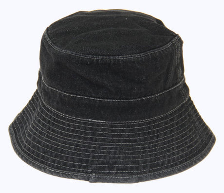 Stylish black denim bucket hat made from 100% cotton, featuring an adjustable strap for a comfortable fit.