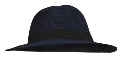 Unisex navy fedora hat made of 100% polyester featuring UPF 50+ sun protection and an adjustable elastic band for a snug fit.