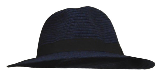 Unisex navy fedora hat made of 100% polyester featuring UPF 50+ sun protection and an adjustable elastic band for a snug fit.