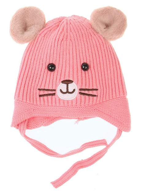 Set of 2 pink beanies featuring playful mouse face designs and ears, perfect for keeping kids warm and stylish.