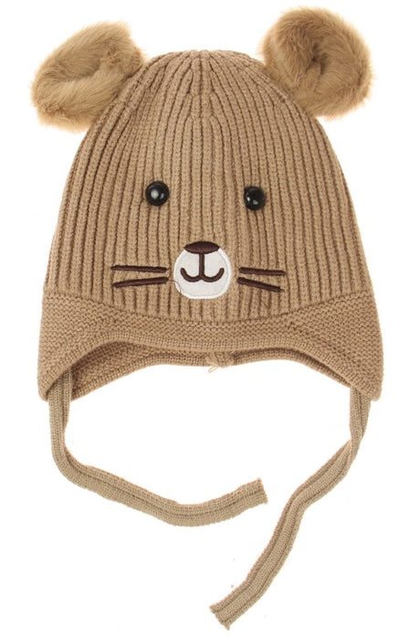 Kids' taupe mouse face beanie set of 2, made from soft acrylic for warmth and comfort, perfect for chilly days.