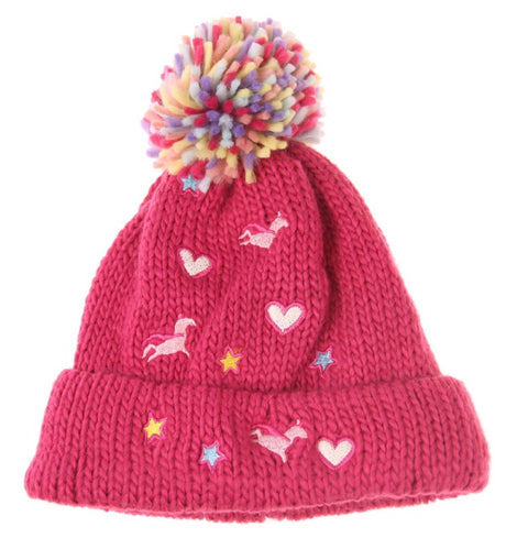 Hot pink kids beanie set featuring unicorn and heart designs, perfect for ages 2-8, warm and stylish for chilly days.