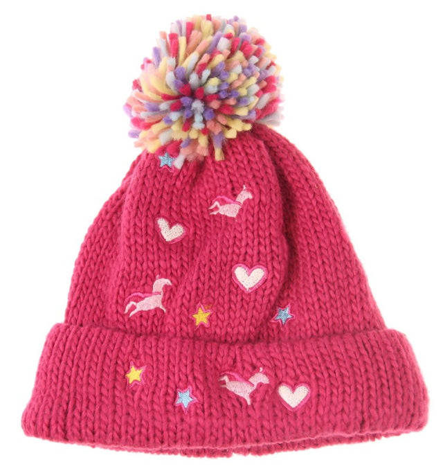 Hot pink kids beanie set featuring unicorn and heart designs, perfect for ages 2-8, warm and stylish for chilly days.