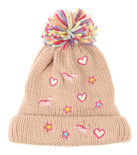 Light pink beanie set for kids featuring whimsical unicorn and heart designs, perfect for winter fun and style.