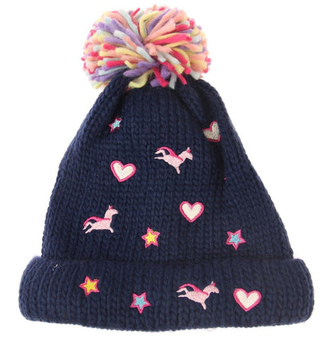 Kids navy beanie set featuring playful unicorns and hearts, perfect for ages 2-8, made from soft and breathable acrylic.