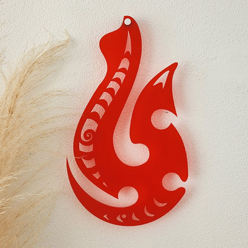 Stunning red satin acrylic Hei Matau wall art symbolizing strength and good luck, perfect for home or office decor.