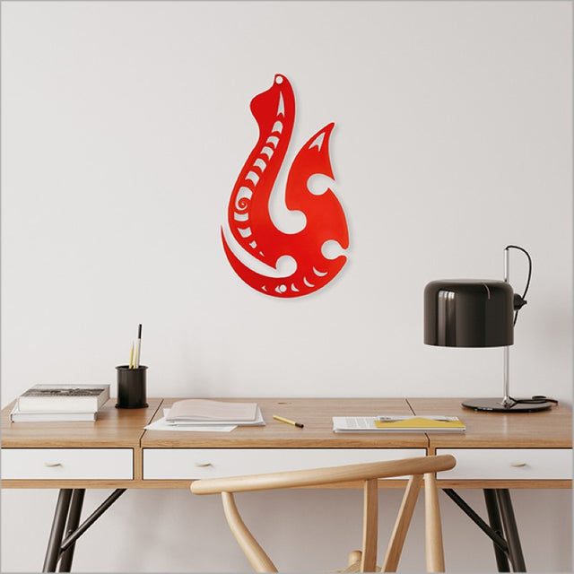 Kiwiana wall art featuring a red satin acrylic Hei Matau, symbolizing strength and safe travels, perfect for home decor.