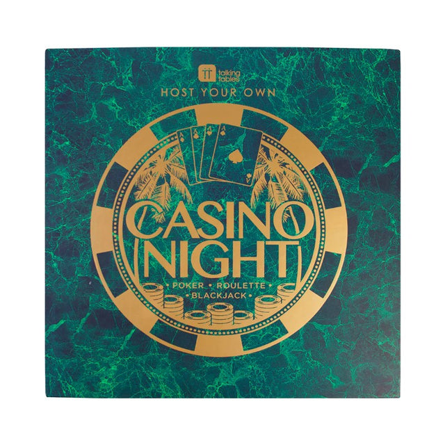 Casino game set featuring a roulette wheel, poker chips, and mats for an authentic home gambling experience.