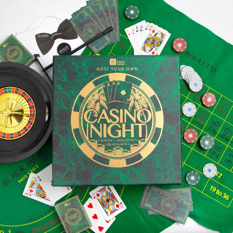 "Host your own casino night game set featuring roulette wheel, poker chips, mats, cards, and accessories for adult fun."