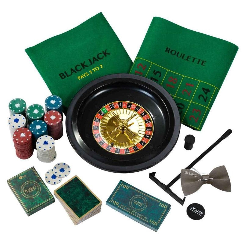 "Interactive casino game set for adults featuring poker, roulette, and blackjack with chips, cards, and croupier accessories."