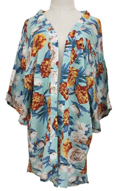 Teal Ella Curved Hem Kimono featuring wide sleeves and a stylish silhouette, perfect for layering and versatile wear.