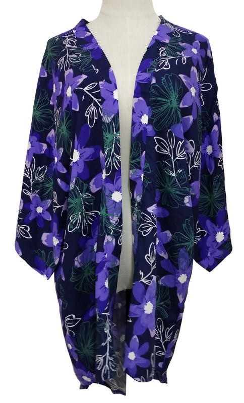 Stylish purple Ella Curved Hem Kimono made of 100% viscose, featuring a flattering silhouette for versatile layering.