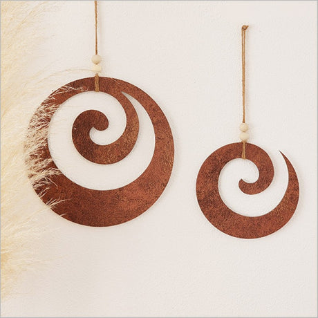 Rusted copper textured Koru wall art set featuring closed (300mm) and open (205mm) designs, perfect for indoor and covered outdoor decor.