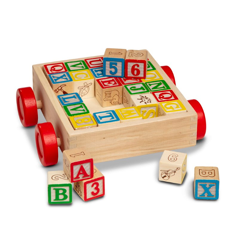 Classic ABC Block Cart with 30 vibrant wooden blocks for toddler learning, featuring letters, numbers, and playful pictures.