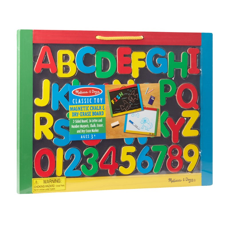 A versatile dual-sided drawing board with a dry-erase surface and magnetic chalkboard for creative learning.