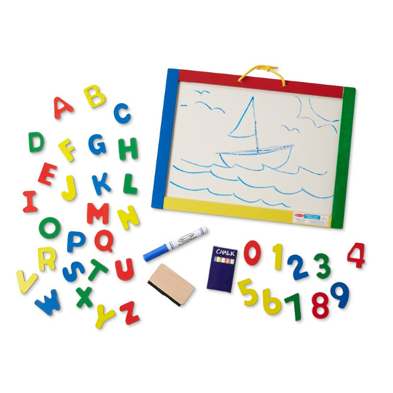 Melissa & Doug's dual-sided board features a dry-erase surface and magnetic chalkboard for creative learning fun.