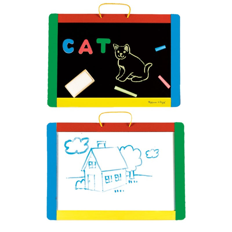 Dual-sided Melissa & Doug board with dry-erase and magnetic chalk surfaces, includes chalk, marker, and 36 magnetic letters/numbers.