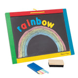 Magnetic chalkboard and dry-erase board for kids, includes markers, chalk, and magnetic letters for creative learning.