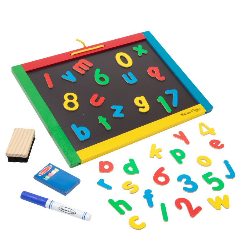 Dual-sided Melissa & Doug magnetic chalkboard and dry-erase board with markers, chalk, and magnetic letters for creative play.