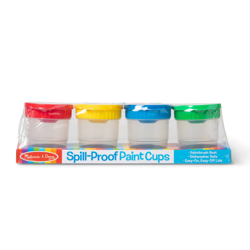 Bright and vibrant spill-proof paint cups with brush holders and snap-on lids, perfect for mess-free creativity for kids.