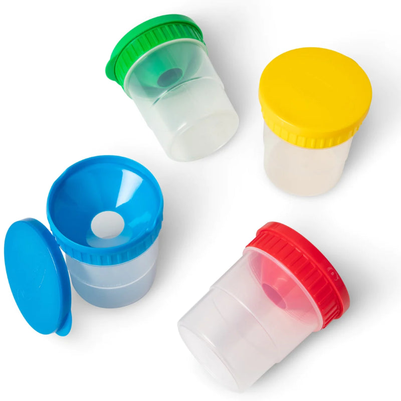 Colorful, spill-proof paint cups with brush holders and airtight lids, designed for mess-free creativity by Melissa & Doug.