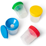 Colorful, spill-proof paint cups with brush holders and airtight lids, designed for mess-free creativity by Melissa & Doug.