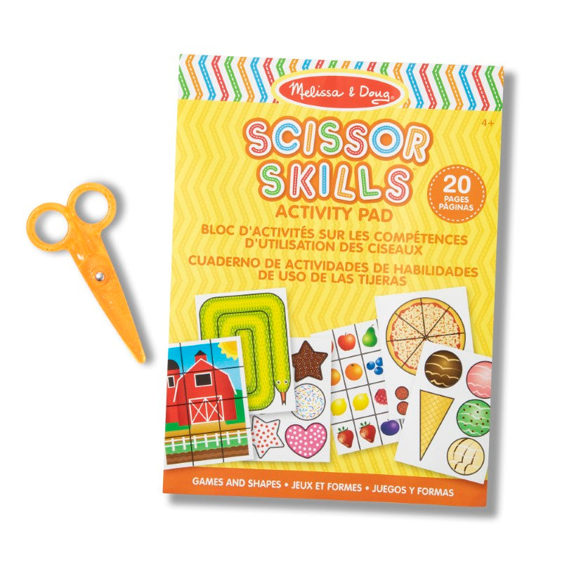 Activity pad with 20 unique paper cutting projects and plastic safety scissors for developing children's scissor skills.