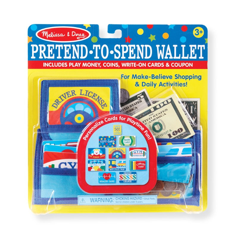 Colorful Melissa & Doug Pretend-to-Spend Wallet for kids, featuring play money, coins, and realistic role-play cards.