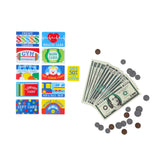 Colorful Melissa & Doug Pretend-to-Spend Wallet with play money, coins, and role-play cards for imaginative shopping adventures.