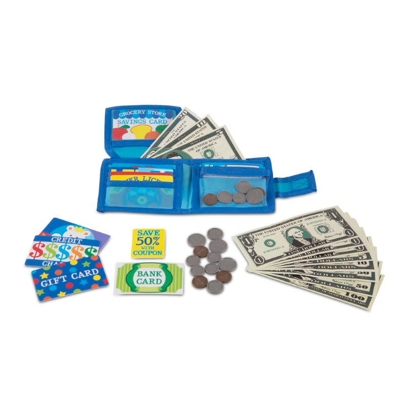 Colorful Melissa & Doug Pretend-to-Spend Wallet with play money, coins, and cards for interactive role-play and learning.