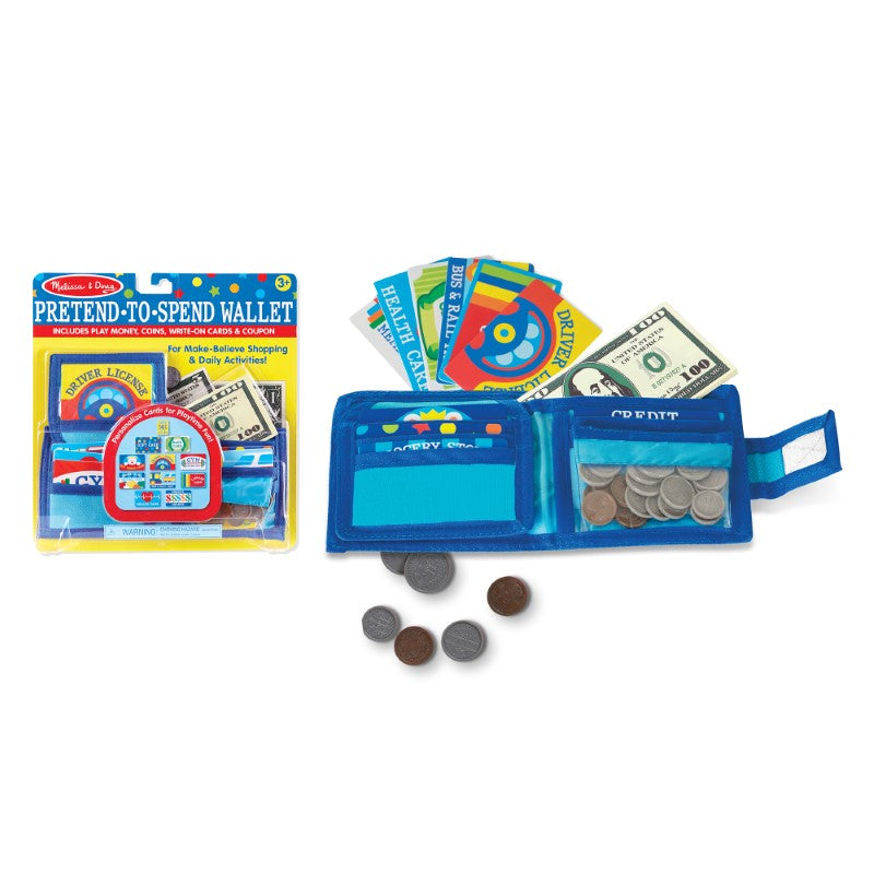 Colorful pretend wallet with play money, coins, and cards for kids' imaginative shopping and financial literacy play.