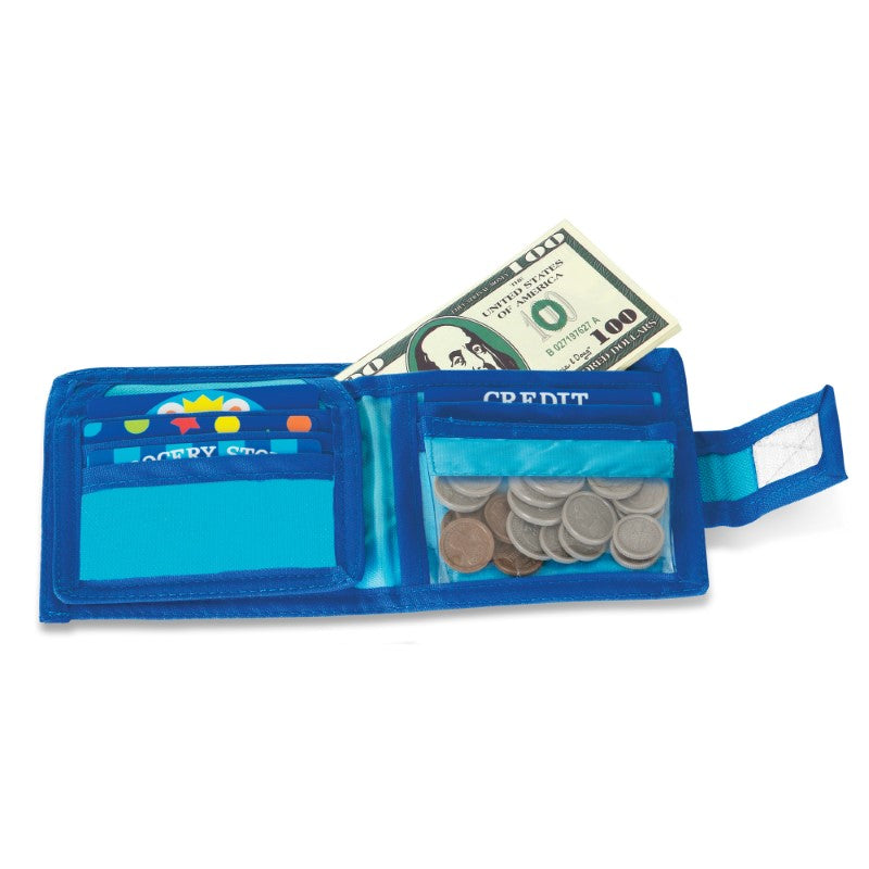 Bright and colorful Pretend-to-Spend Wallet by Melissa & Doug, featuring play money, coins, and realistic role-play cards for kids.