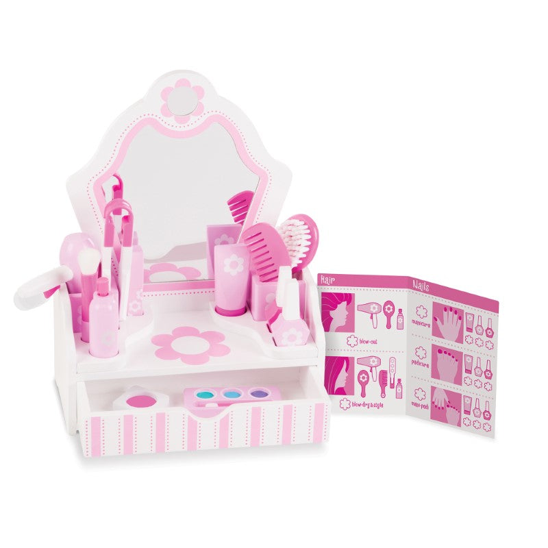 Wooden Vanity Play Set with pink and white design, mirror, and 18 accessories for imaginative role play and beauty makeovers.