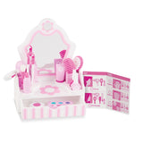 Wooden Vanity Play Set with pink and white design, mirror, and 18 accessories for imaginative role play and beauty makeovers.