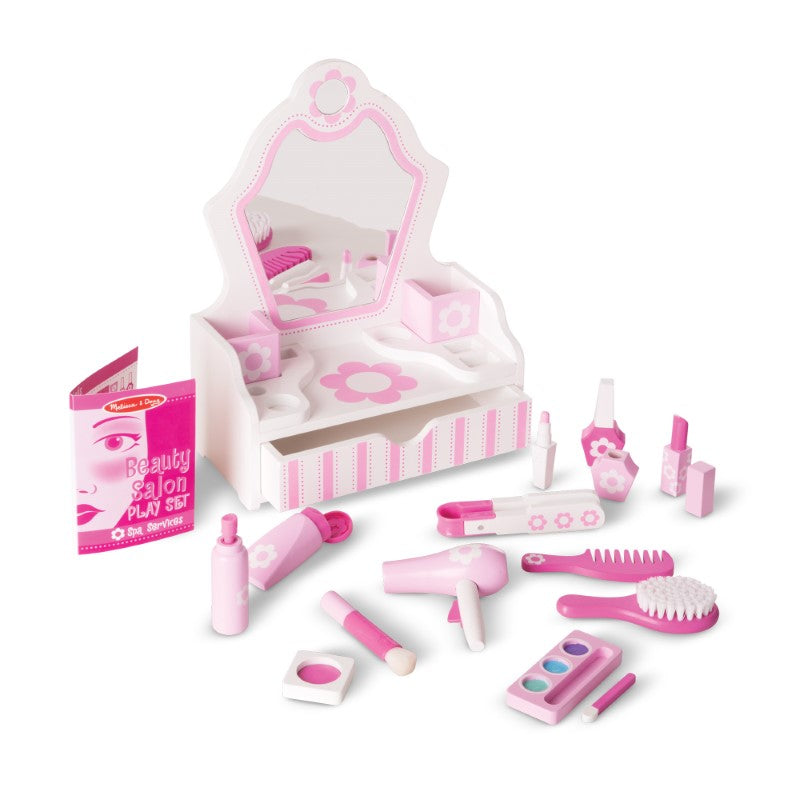 Melissa & Doug Vanity Play Set featuring a white and pink vanity with wooden beauty accessories for creative role play.