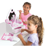 Wooden Melissa & Doug Vanity Play Set features 18 beauty pieces, mirror, and storage for imaginative salon play.