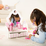 Wooden vanity play set with mirror and 18 beauty accessories for imaginative makeovers, perfect for kids aged 3 and up.