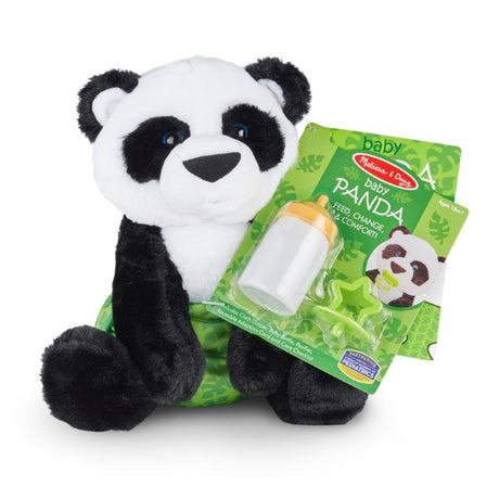 Soft, cuddly Melissa & Doug Plush Baby Panda with removable pacifier and diaper, perfect for nurturing play.