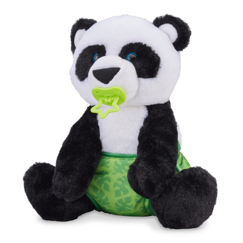 Soft plush Baby Panda by Melissa & Doug, 11 inches tall, with removable pacifier, bottle, diaper, and fun activity card for kids.