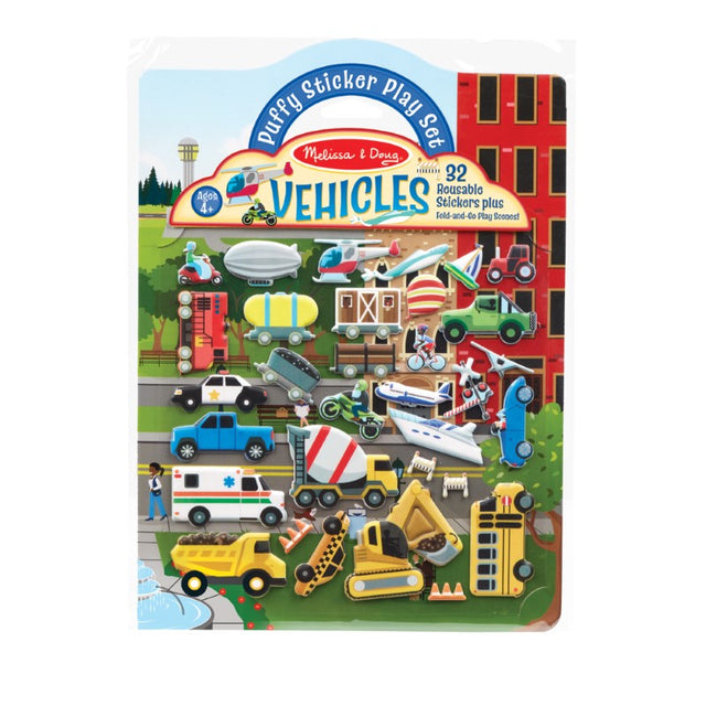 Colorful Puffy Sticker Play Set featuring 32 reusable vehicle stickers and double-sided backgrounds for imaginative storytelling.