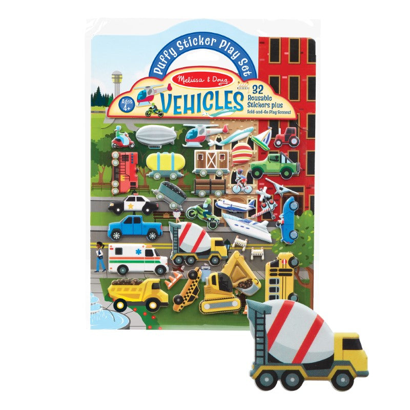 Puffy Sticker Play Set featuring reusable vehicle stickers and double-sided scenes for creative storytelling and pretend play.