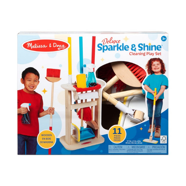 Child-sized cleaning play set featuring a broom, mop, duster, sponge, and storage stand for imaginative and responsible fun.