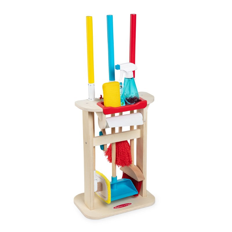 Colorful cleaning play set for kids featuring wooden broom, mop, duster, sponge, and checklist for imaginative play.